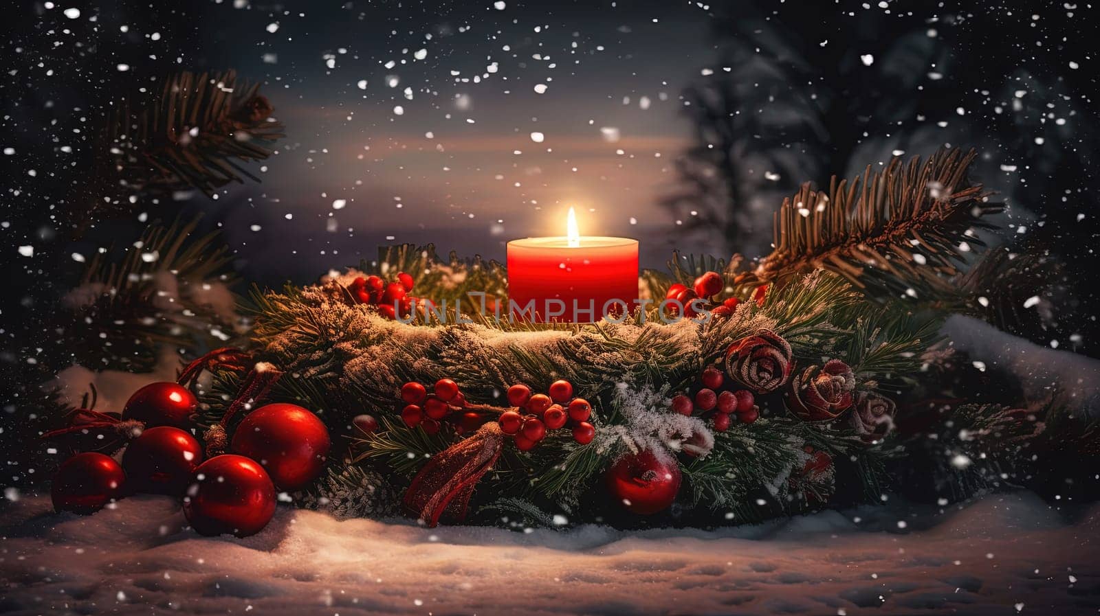 Christmas card with candle and mistletoe wreath. Winter holidays card with baubles and candles. Generated AI