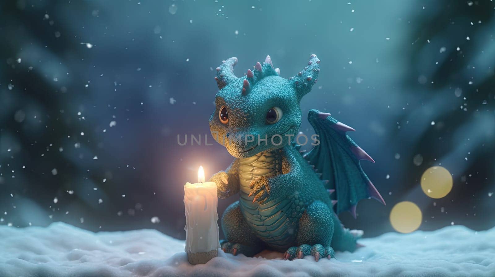 Funny cute dragon with candle for winter holidays and 2024 lunar new year celebration. Generated AI