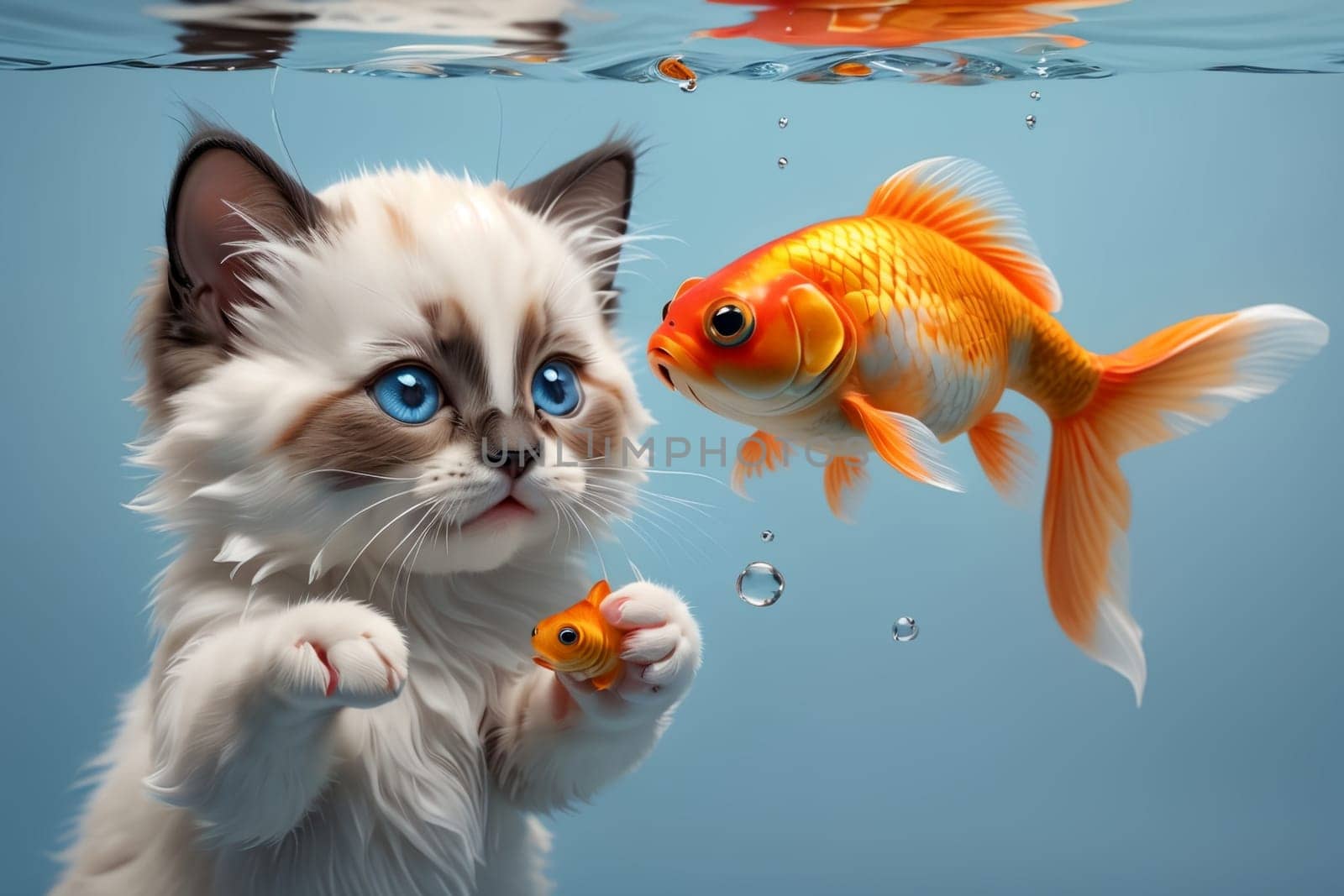 Cute Ragdoll kitten and goldfish underwater .