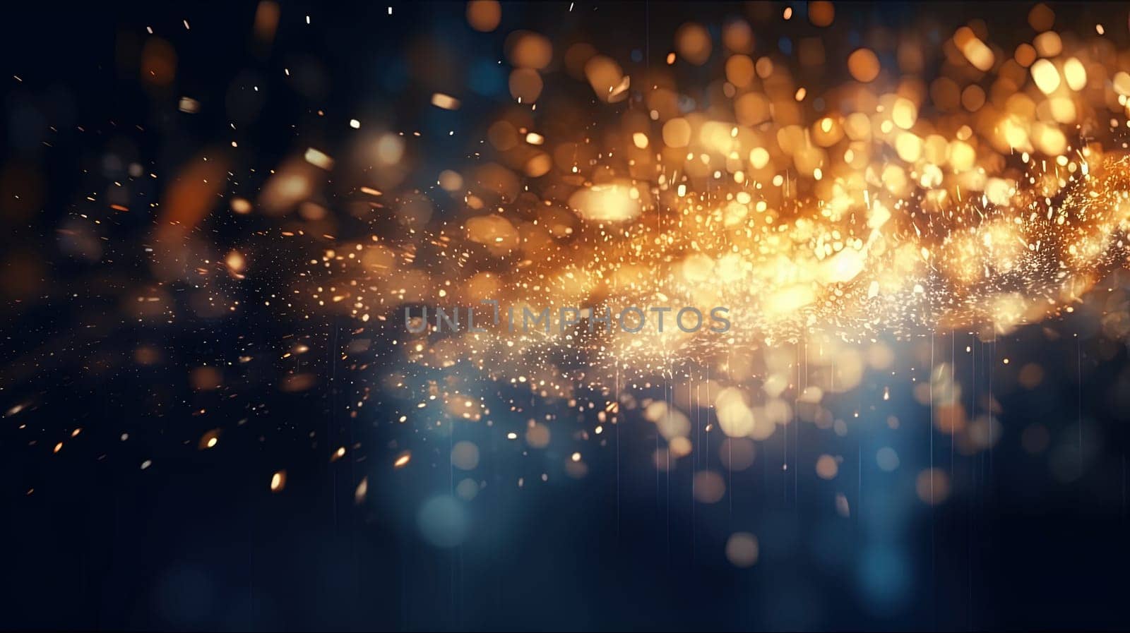Abstract blue background with bokeh, sparkles and golden lights. Generated AI