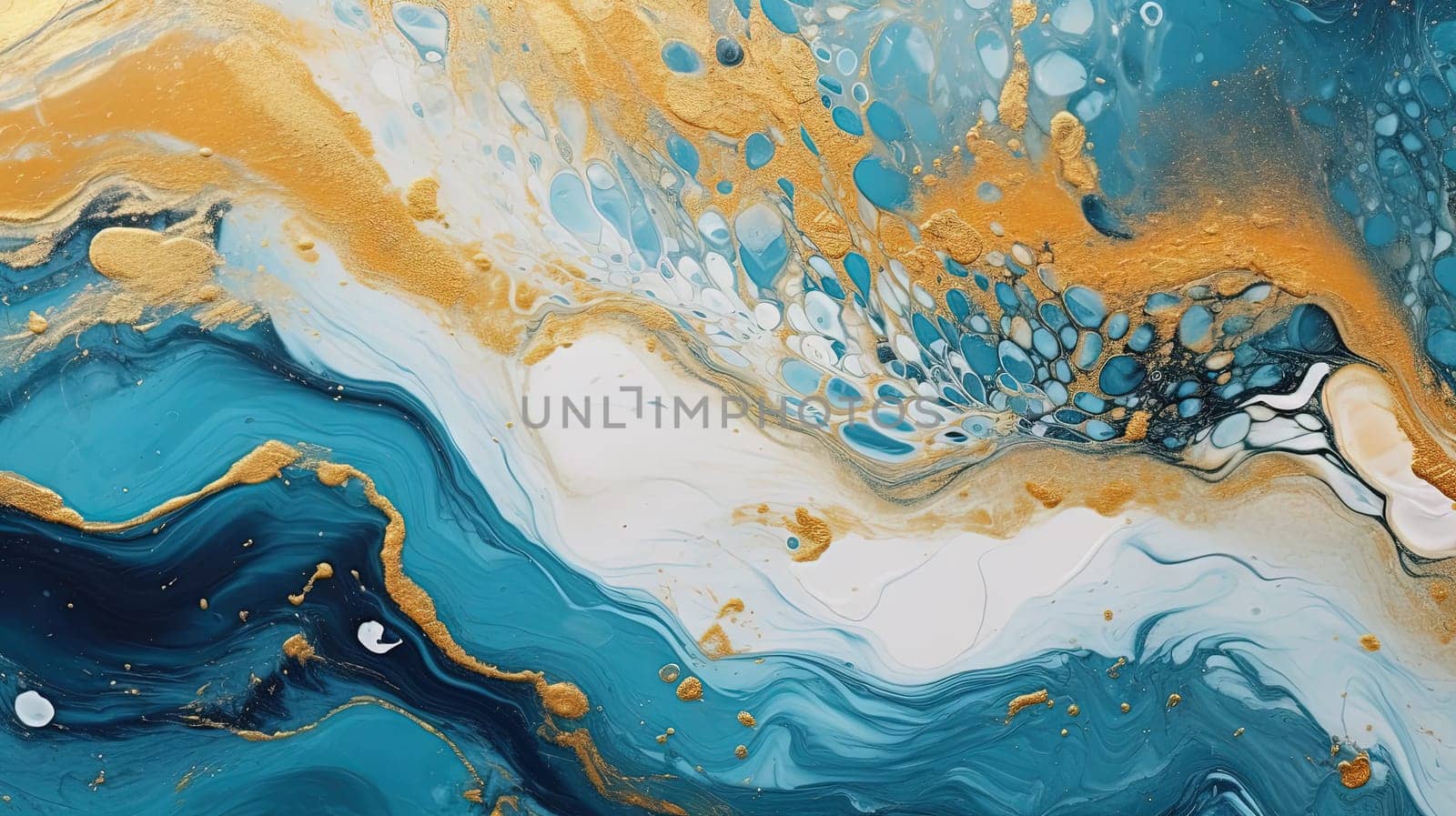 Abstract artistic background with blue marble and golden paint stains. Generated AI