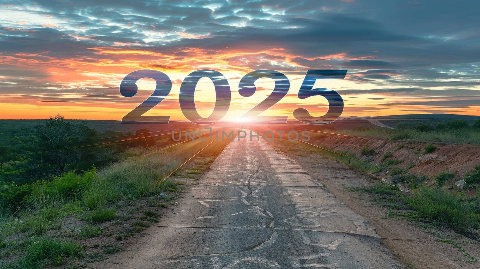 '2025' stands prominently against a scenic sunset backdrop, where the road stretches towards the horizon. The setting sun marks the closing of a chapter and the promise of the next. by sfinks