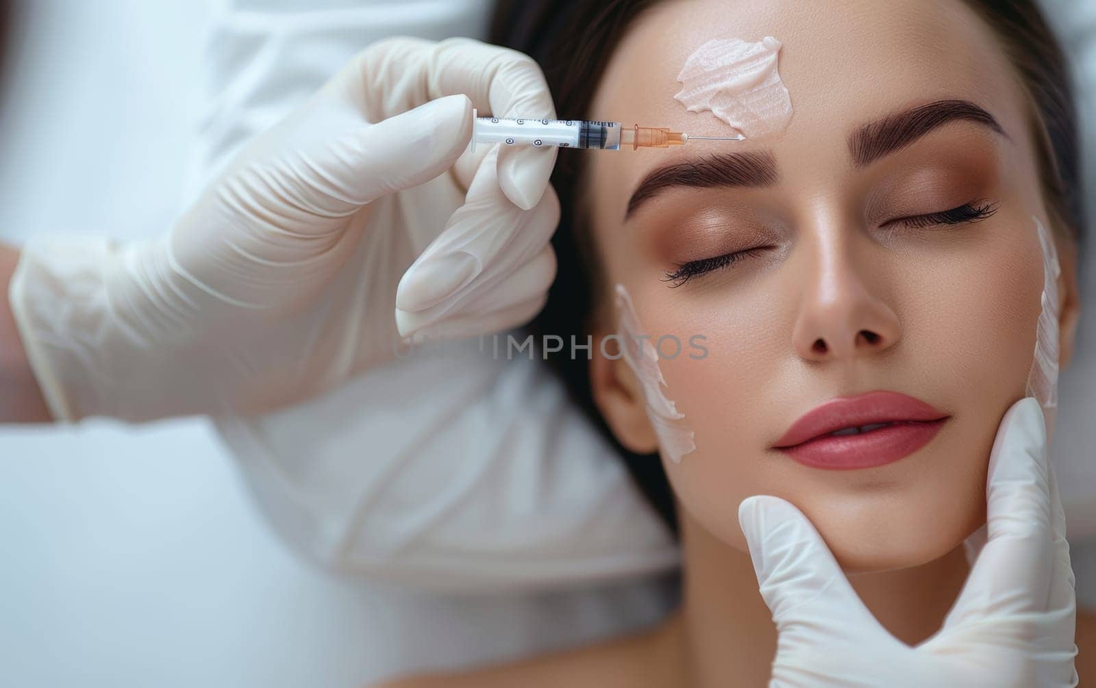 A tranquil woman undergoes a facial treatment, where cream is applied with a syringe, blending medical precision with skincare luxury. The image suggests a harmonious balance of health and beauty