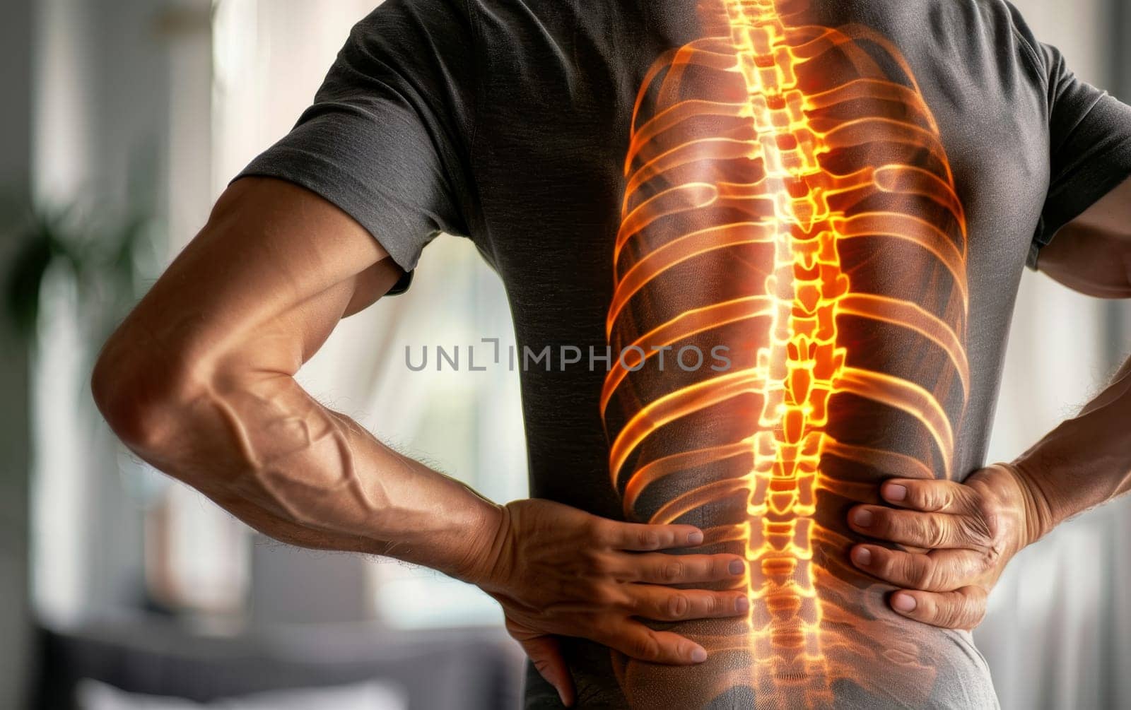 A man is clutching his lower back in pain, with a vivid illustration of a glowing spine superimposed to indicate discomfort. The image captures the struggle with back issues effectively