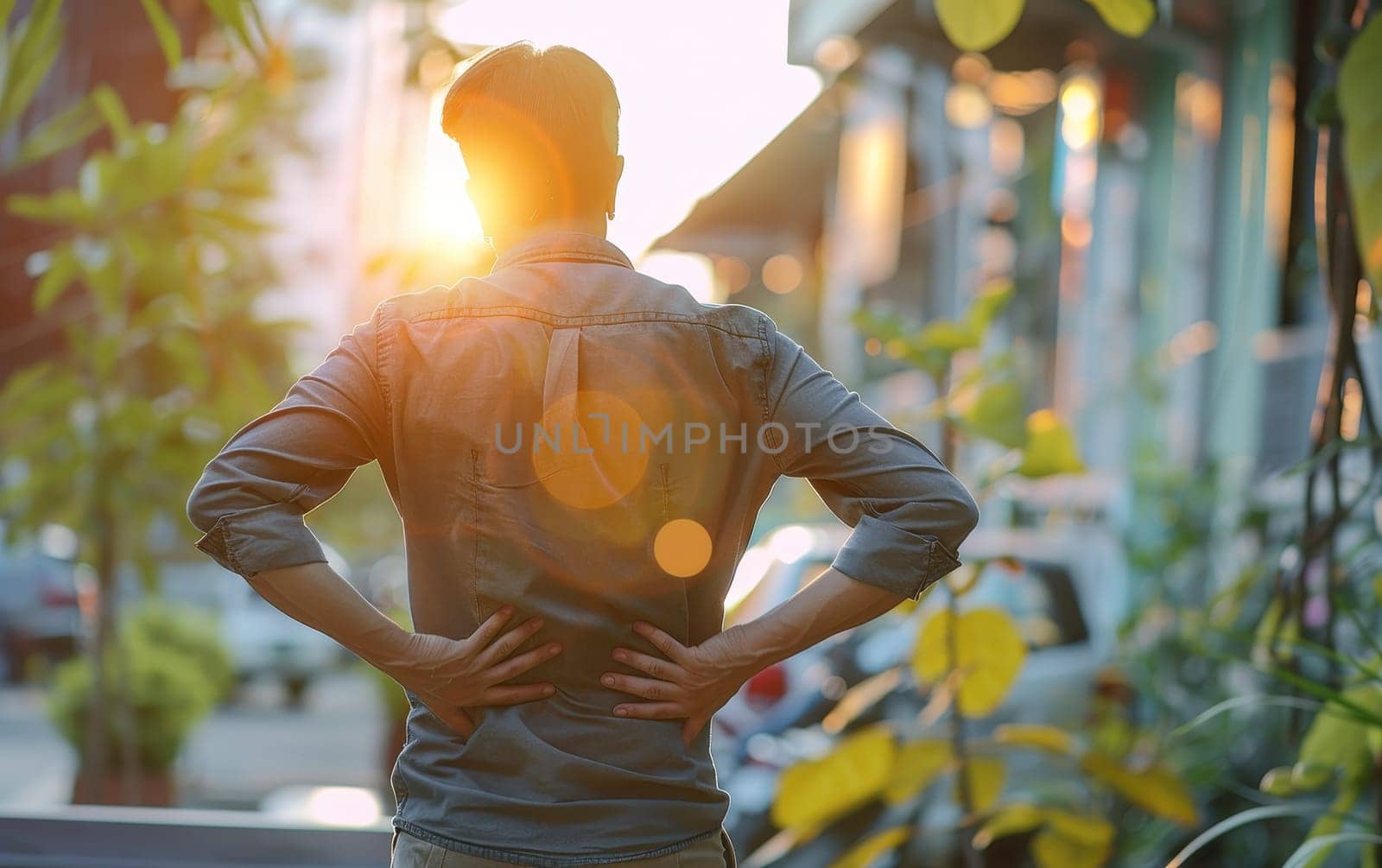 A person stands with hands on hips, facing the sunset. The golden hour light wraps around the silhouette, evoking a sense of contemplation and serenity