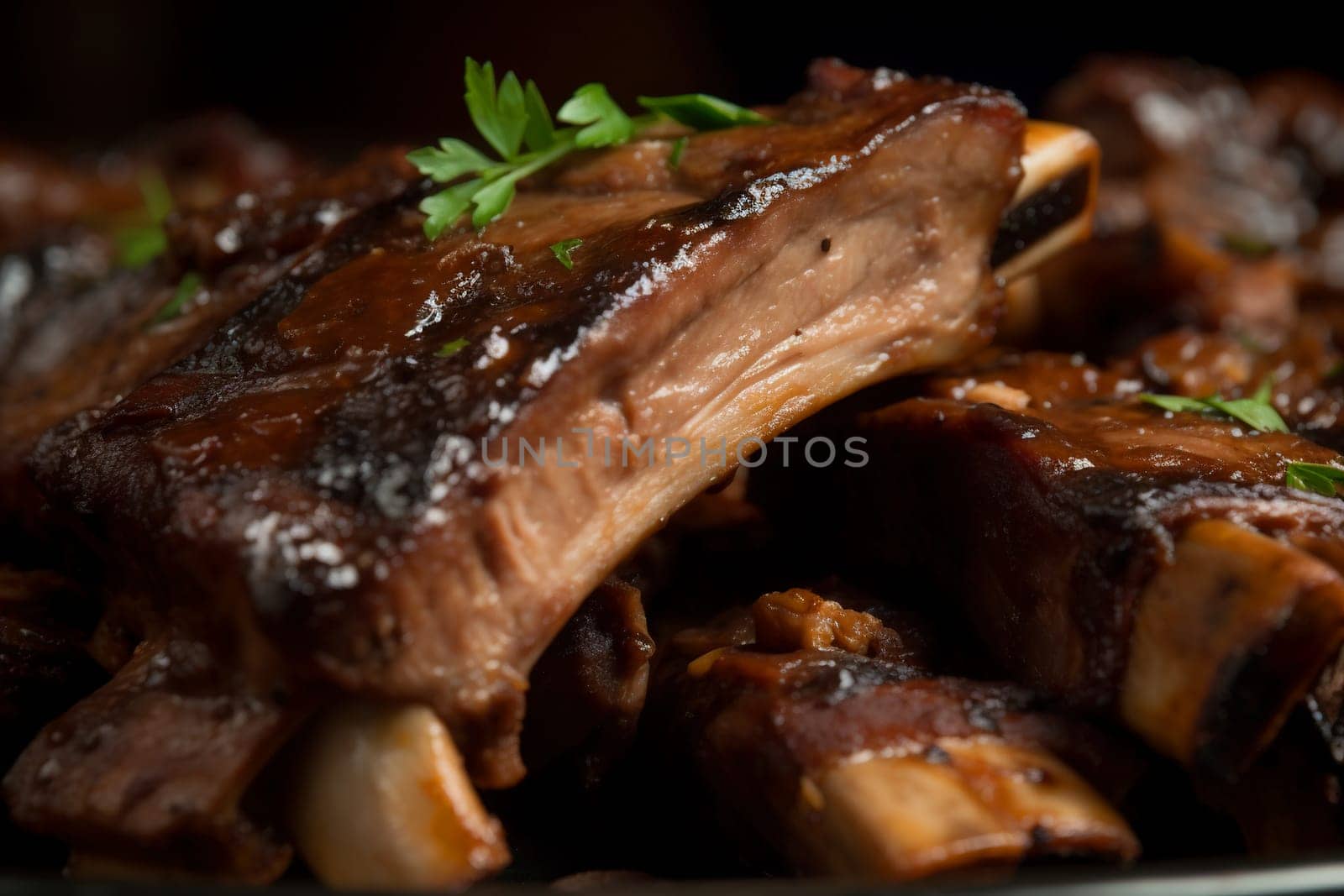 Juicy ribs barbeque served with green spices. Summer BBQ meal with tasty fresh meat on the rib bones. Generated AI