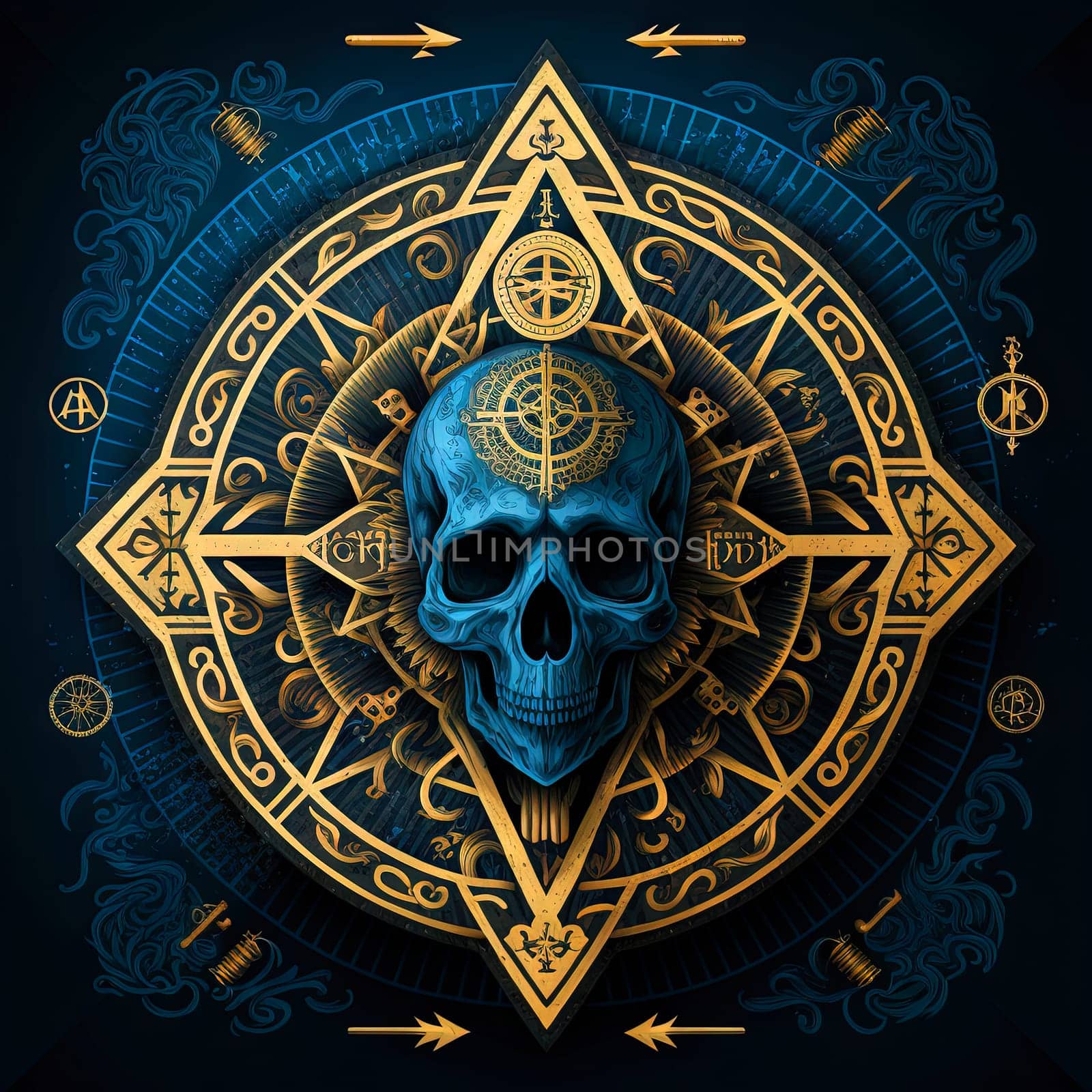 Blue skull on the abstract occult sign. Mystic golden ornament with magic skull. Generated AI
