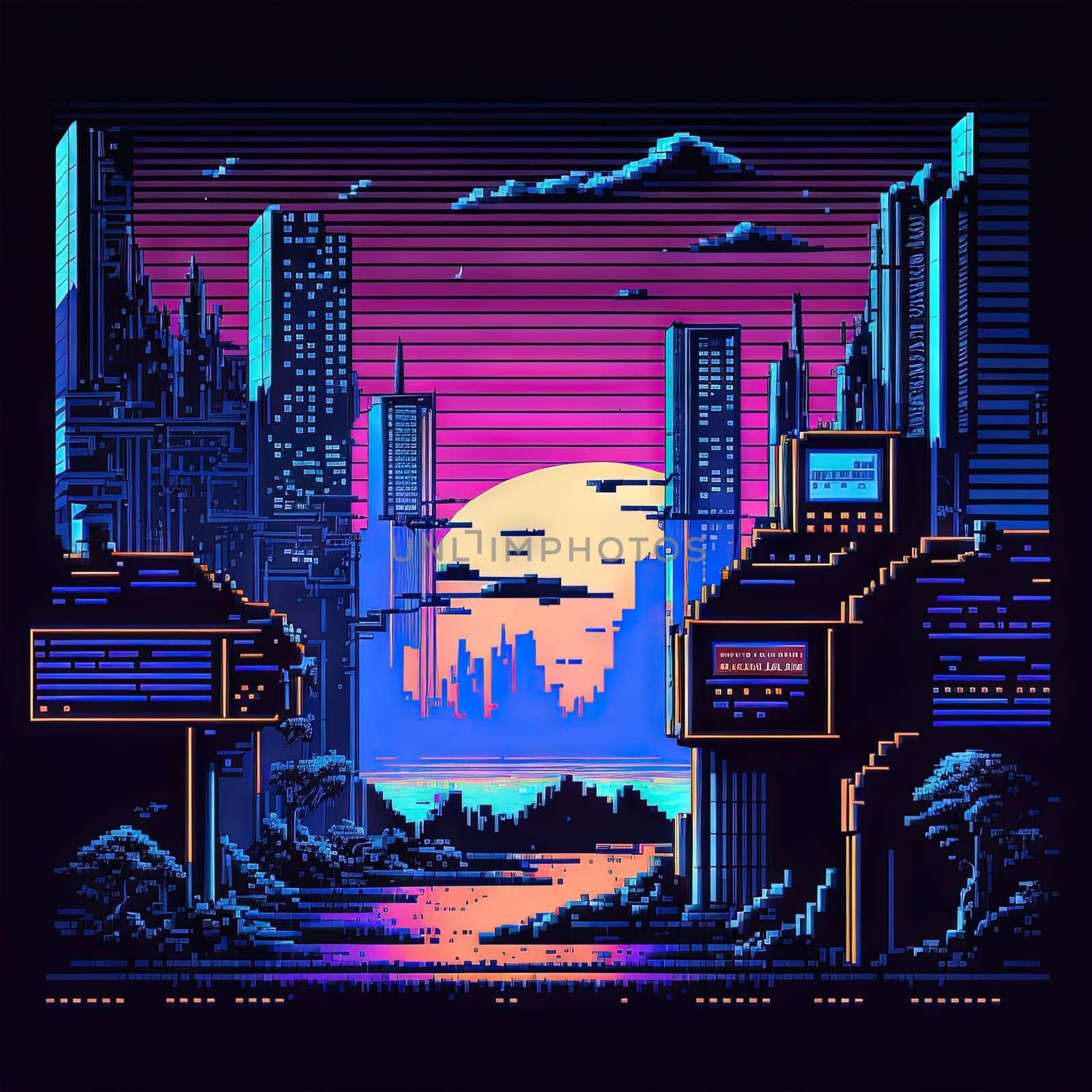 Retro game landscape in 80s style with industrial city district, neon lights and synthwave pixel graphics. Generated AI
