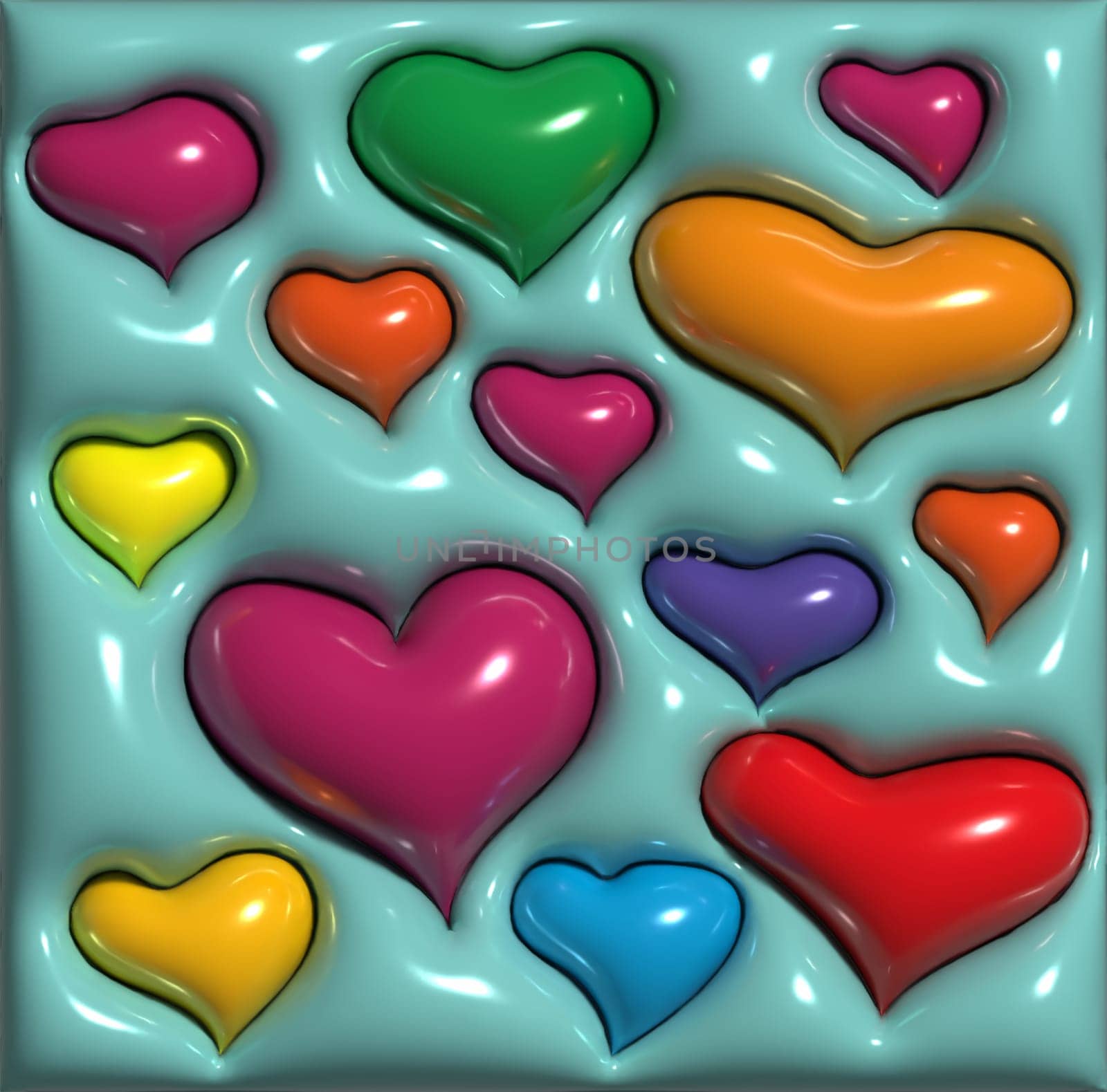 Multi-colored volumetric hearts on a blue background, 3D rendering illustration by ndanko