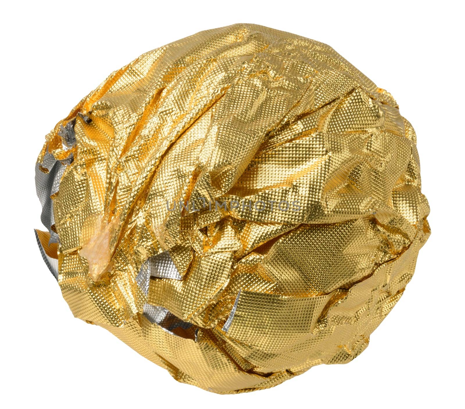 Ball of crumpled golden foil on isolated background, close up
