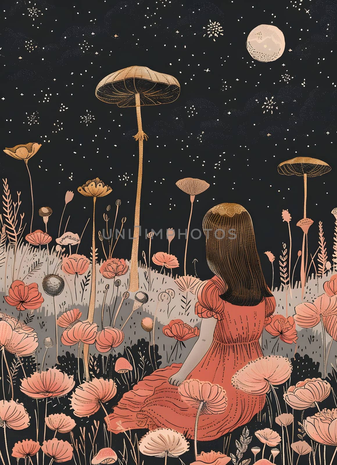 A girl in a red dress sits in a field of flowers, gazing at the moon by Nadtochiy