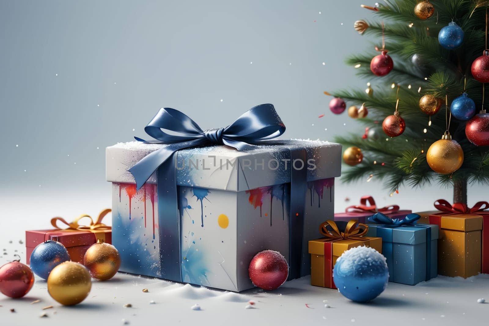 New Year gift box with bright ribbon, New Year card by Rawlik