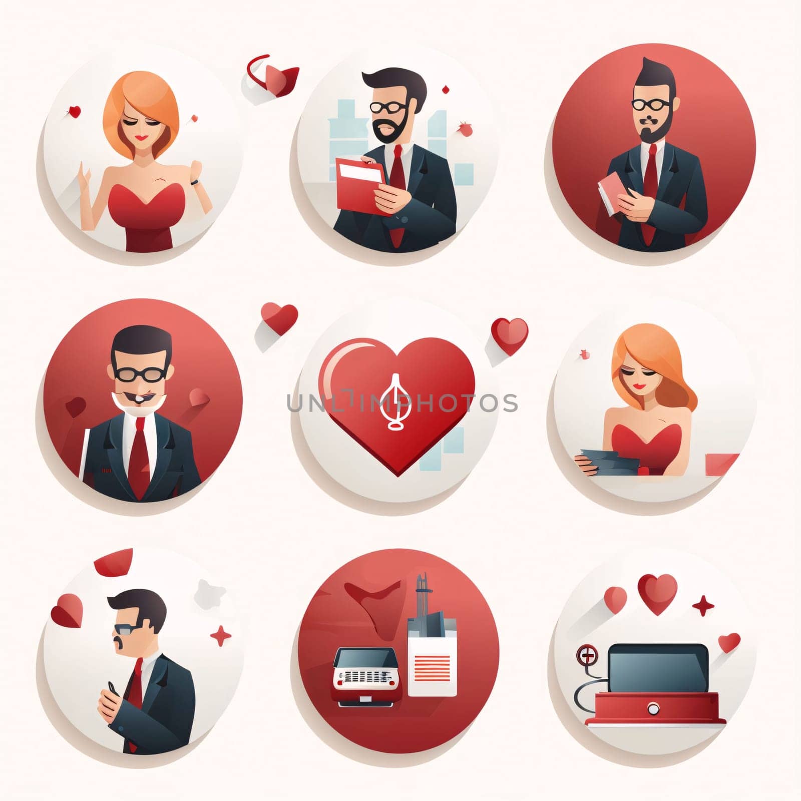 New icons collection: Flat love icons set with male and female characters isolated vector illustration