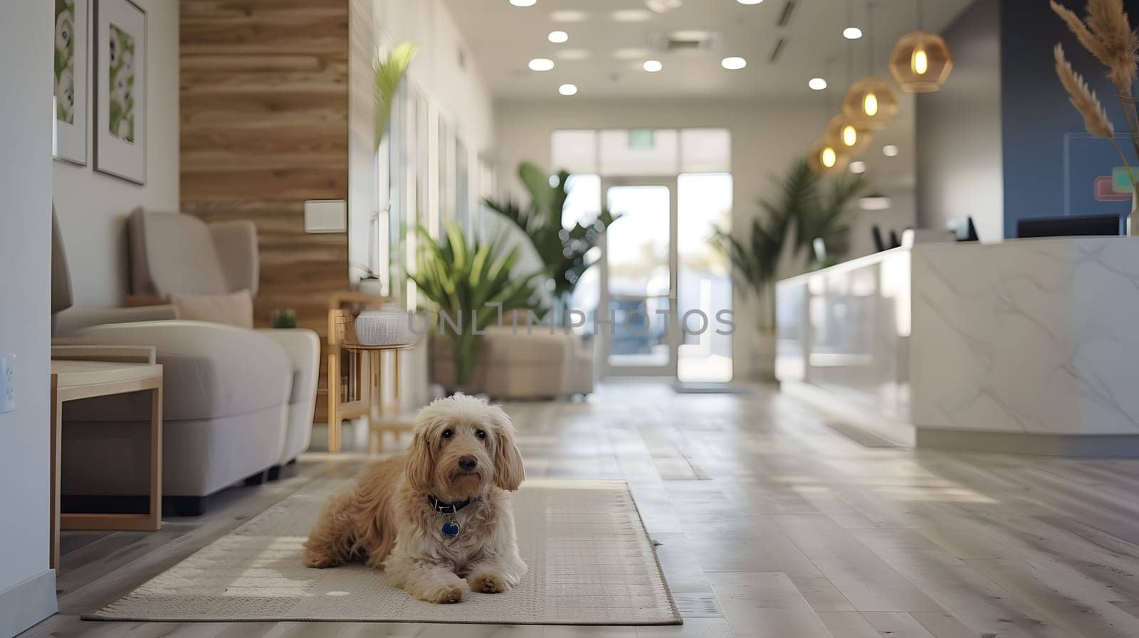 A companion dog is resting on a hardwood floor in a buildings waiting room, surrounded by plants and wood accents