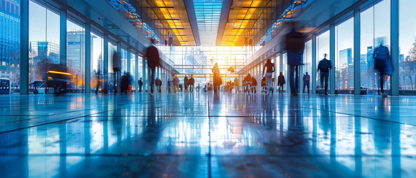 A busy airport with people walking around and carrying luggage by AI generated image by wichayada