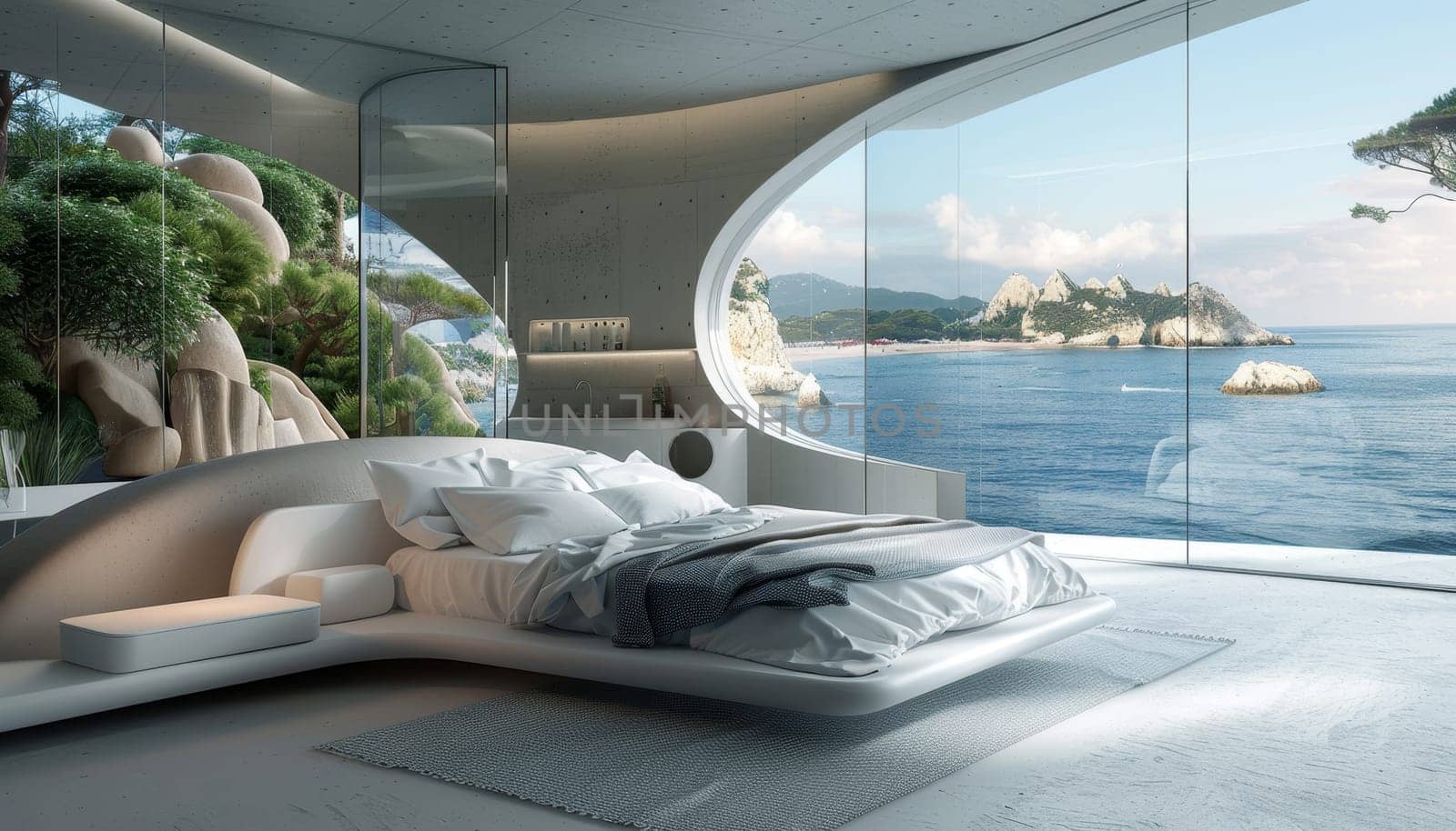 A bedroom with a large window overlooking the ocean by AI generated image by wichayada