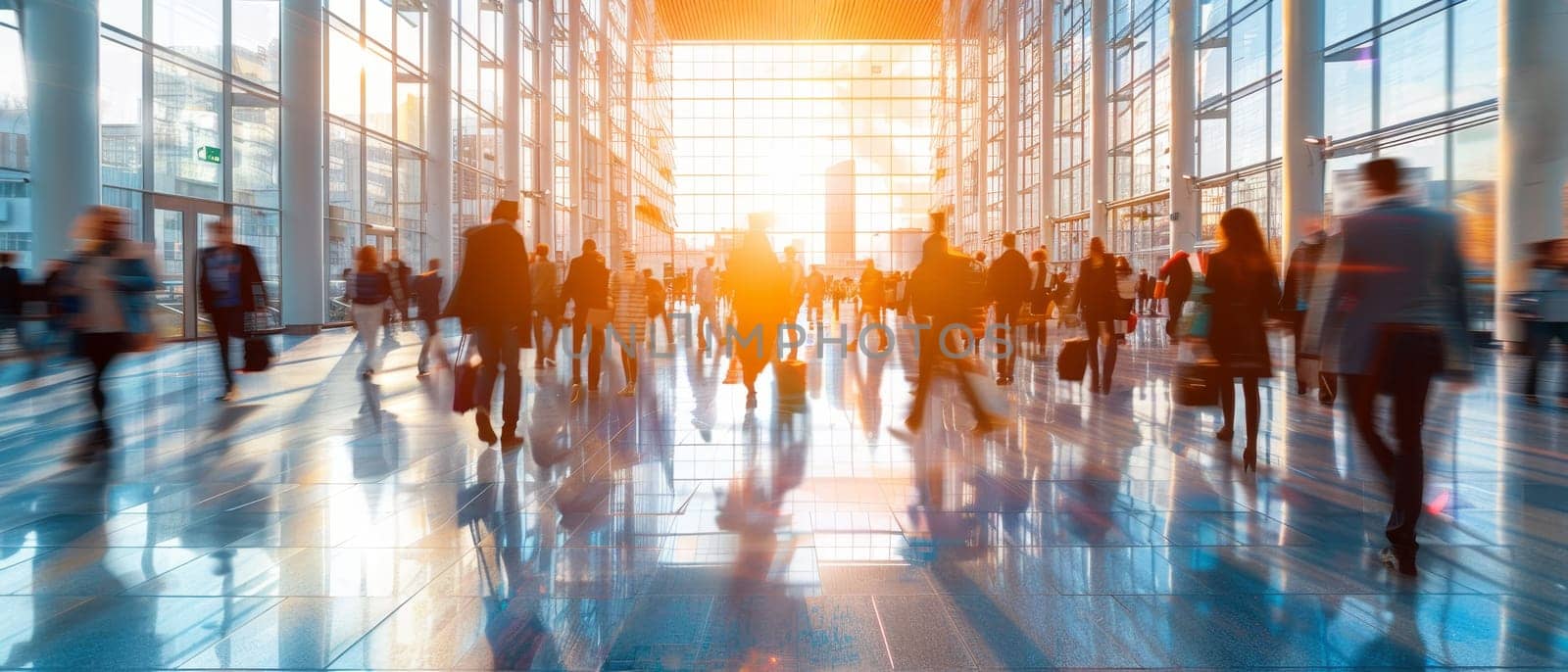 A busy airport with people walking around and carrying luggage by AI generated image by wichayada