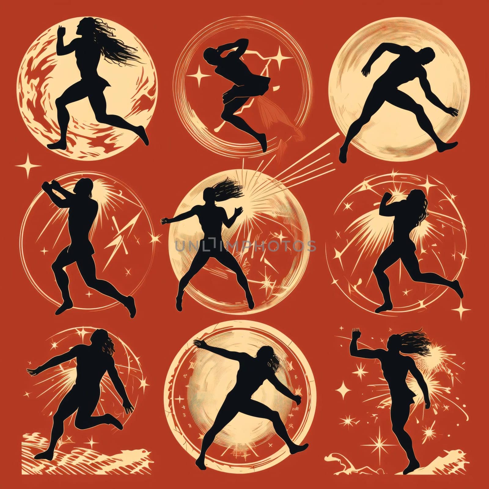 New icons collection: Silhouettes of girls dancing in the moonlight. Vector illustration.