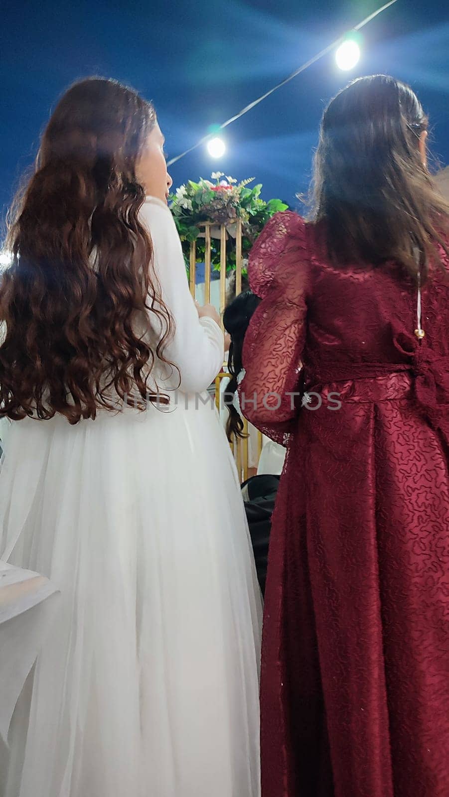 two teenage girls with long hair stand with their backs in dresses, people by Ply