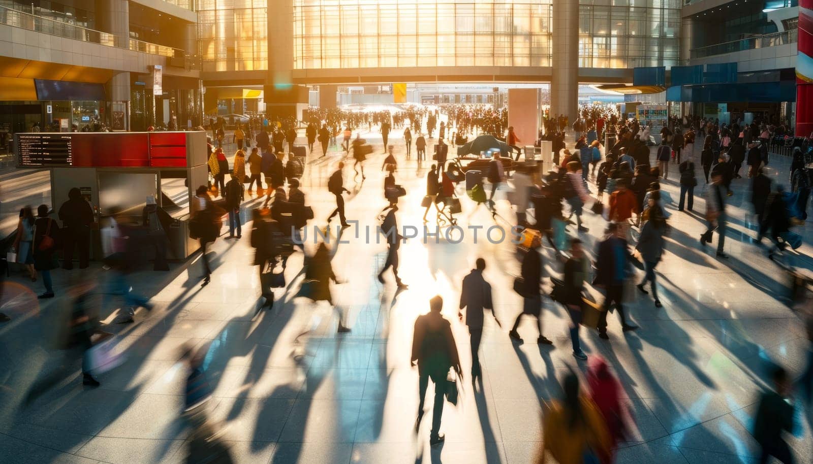 A busy airport with people walking around and carrying luggage by AI generated image.