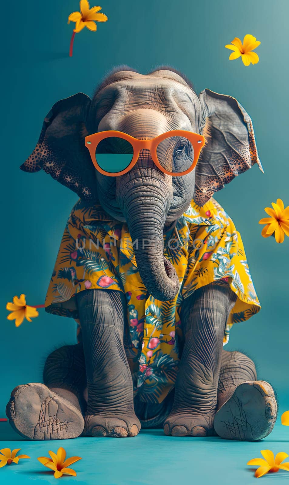 A happy elephant toy, wearing sunglasses and a yellow shirt, is sitting next to flowers in a playful display of art and creativity