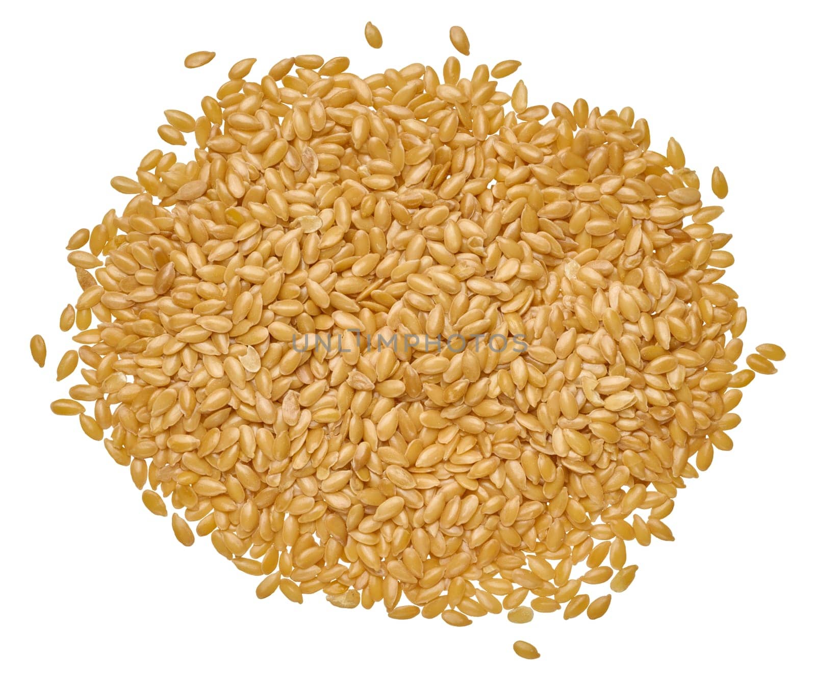 Heap of flax seeds on isolated background, top view