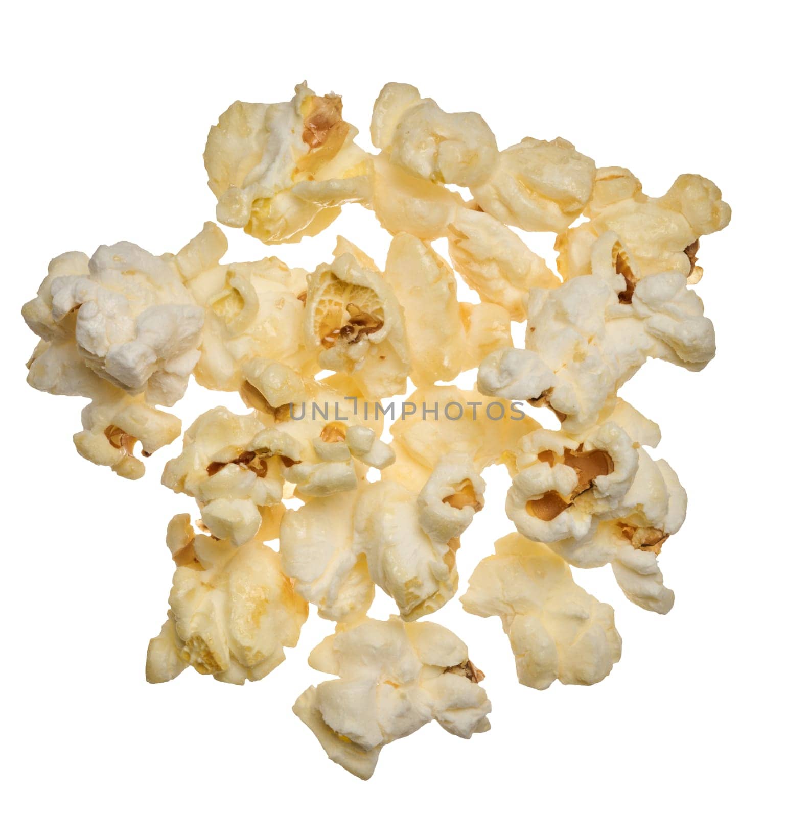Sweet popcorn on isolated background, top view