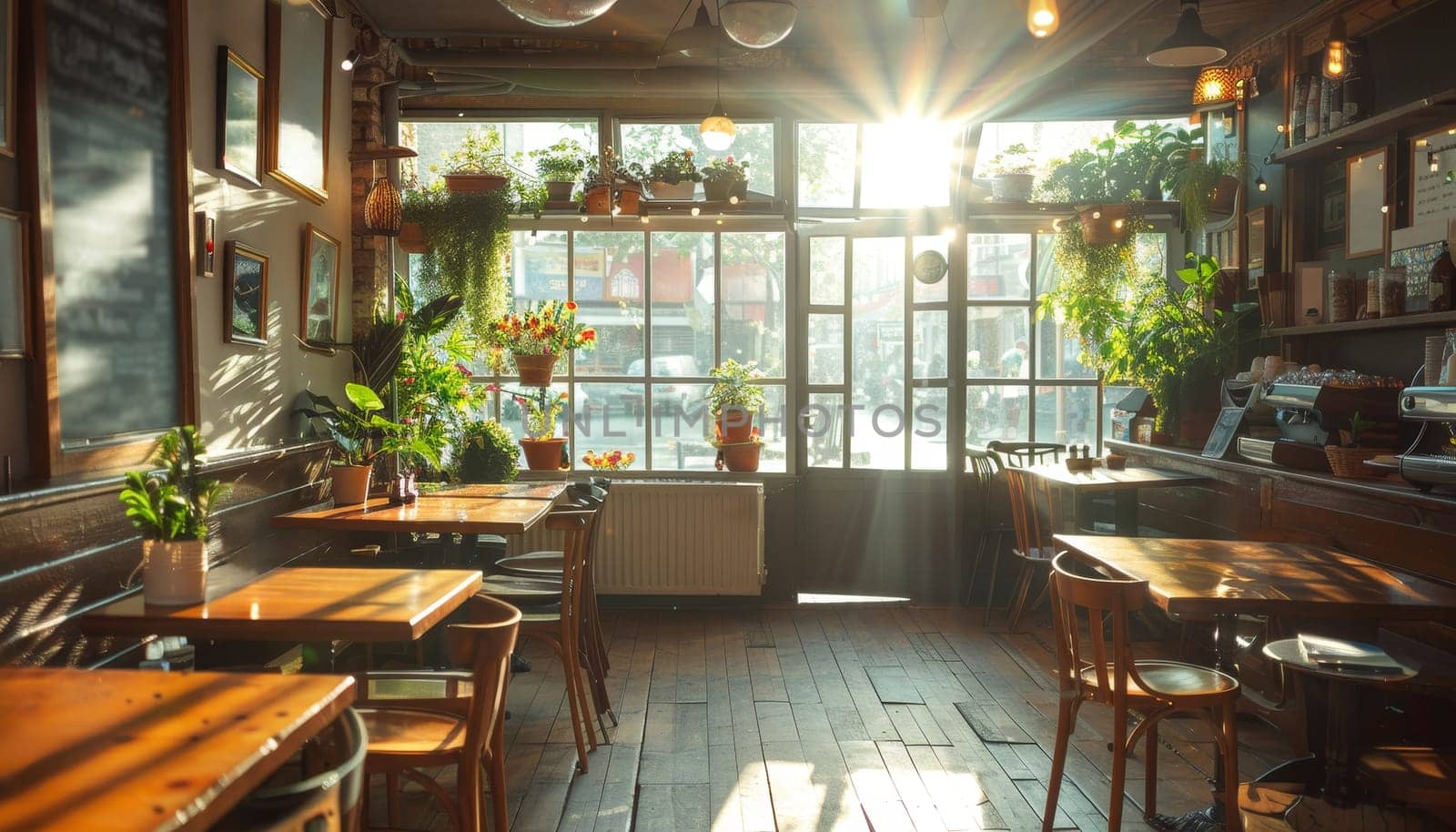 A bright and sunny restaurant with a large potted plant in the corner by AI generated image.