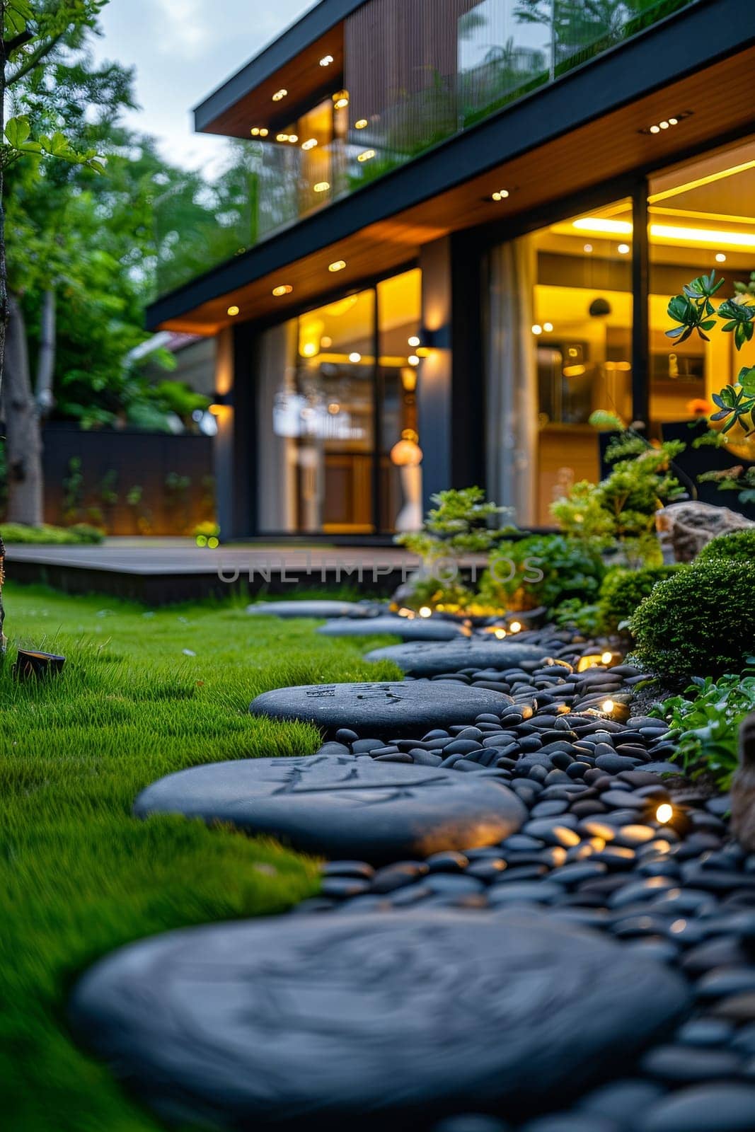 A house with a large yard and a pathway made of black rocks. The pathway is lit up at night, creating a warm and inviting atmosphere