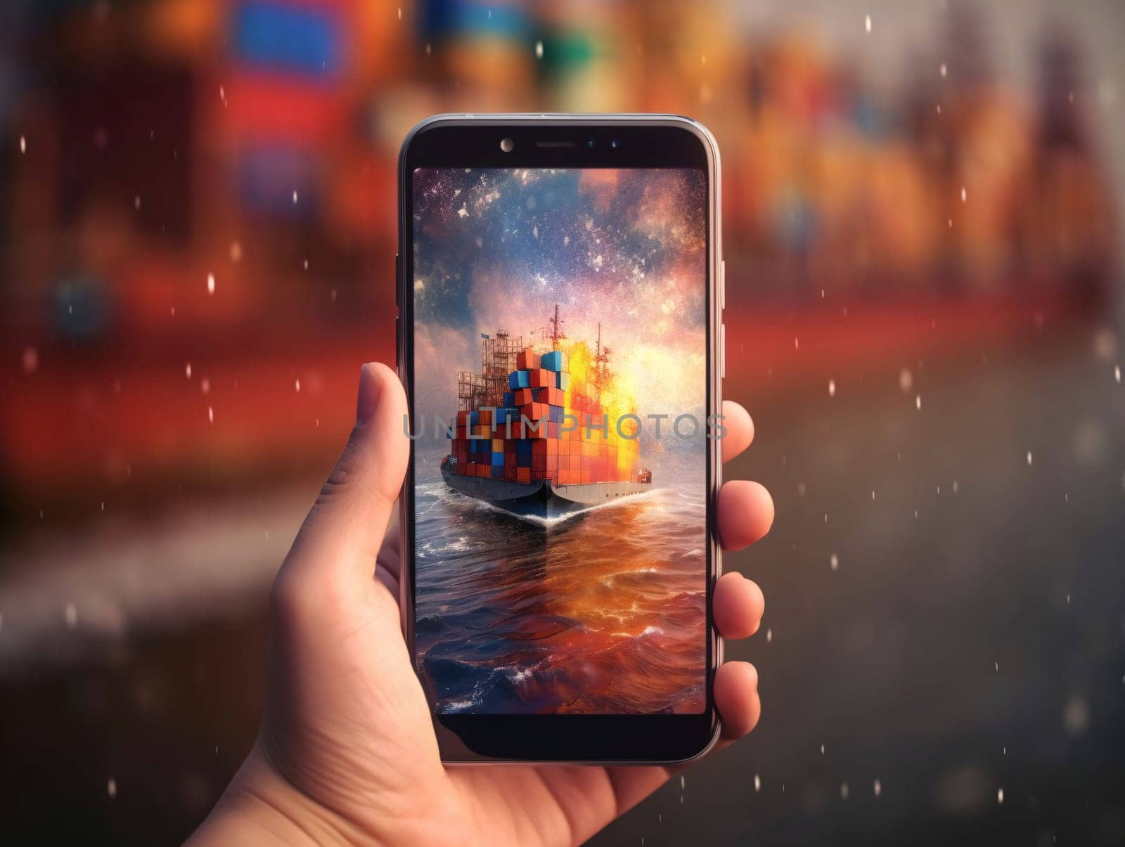 Smartphone in hand with the image of a cargo ship on the background of the city by ThemesS