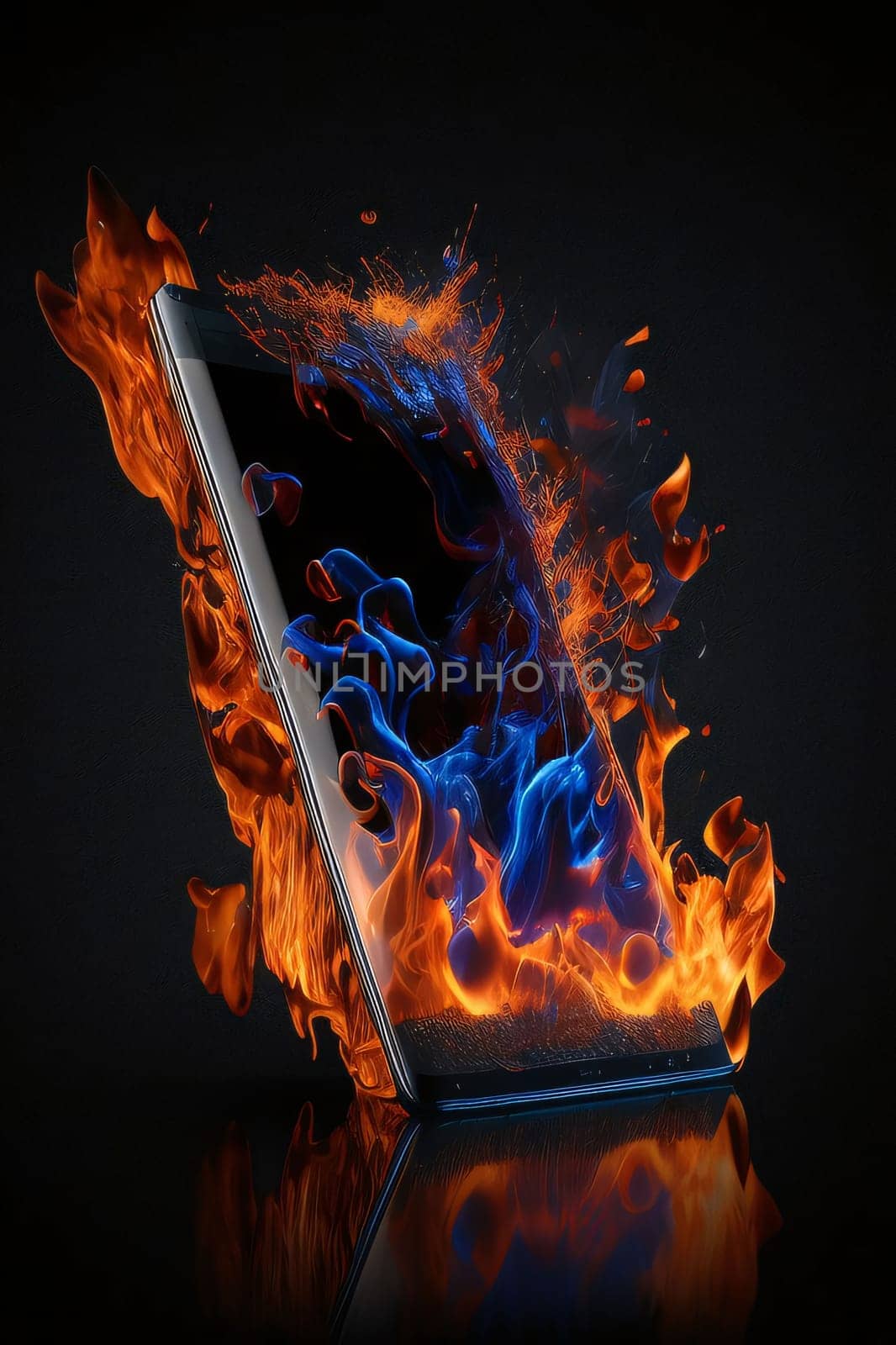 Tablet pc with fire flames on a black background. 3d rendering by ThemesS