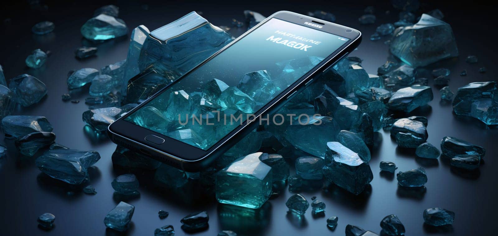Smartphone with blue crystals on a dark background. 3d rendering by ThemesS
