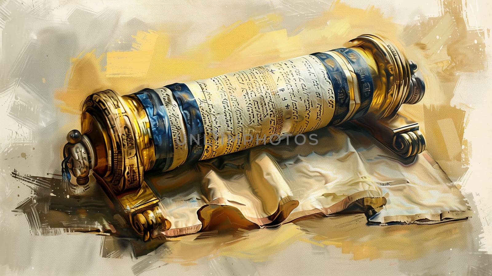 An illustrated Torah scroll, symbolic of Shavuot, adorned with rich detail and set against a festive background.