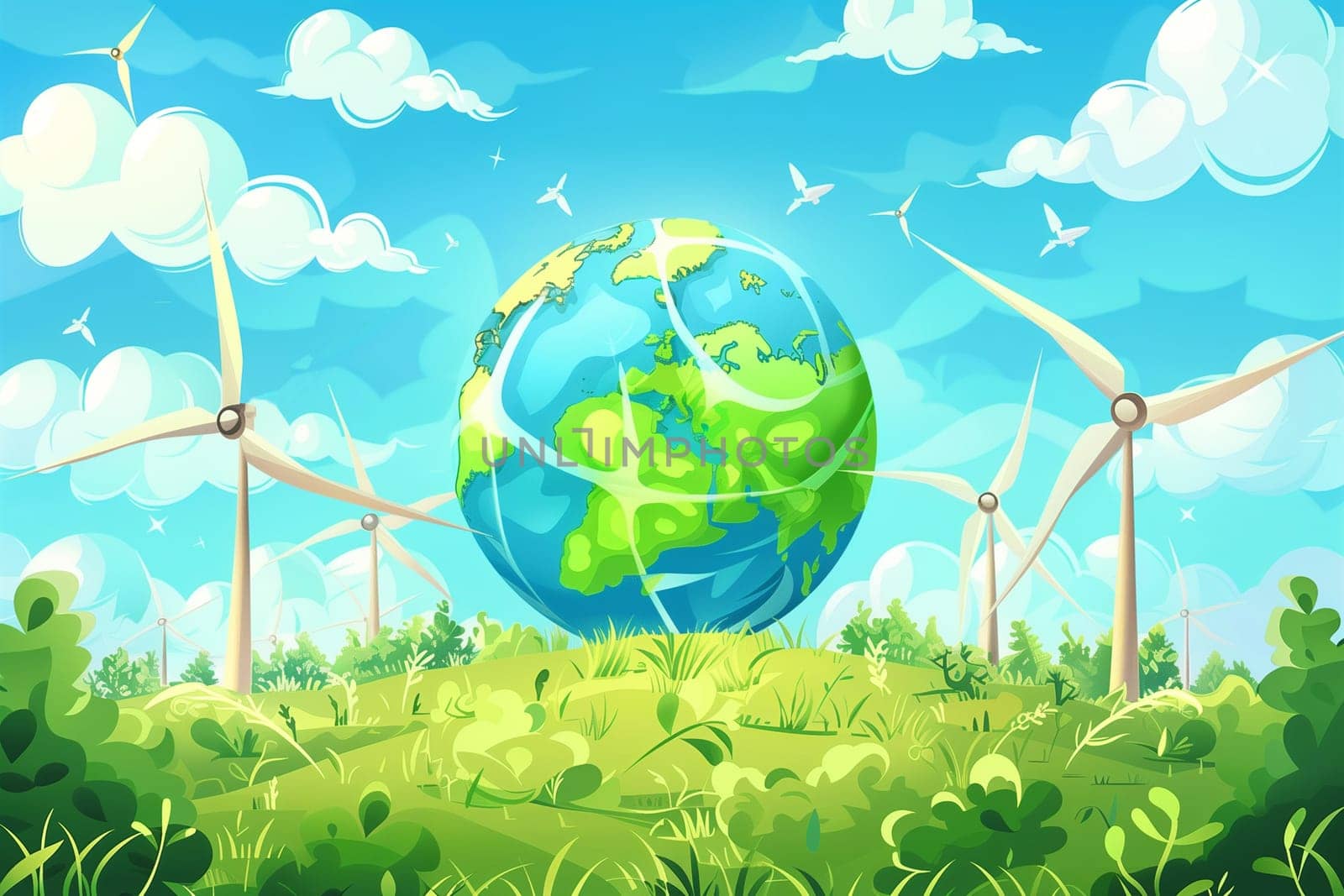 A painting depicting a green earth with numerous wind turbines surrounding it.