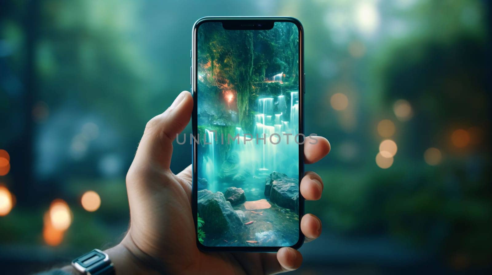 Smartphone screen: Hand holding a smartphone and taking photo of a waterfall in the forest