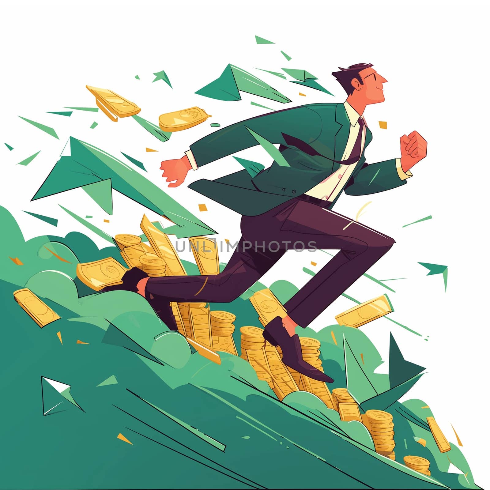 A businessman in a suit energetically running through a scattered pile of shiny coins.