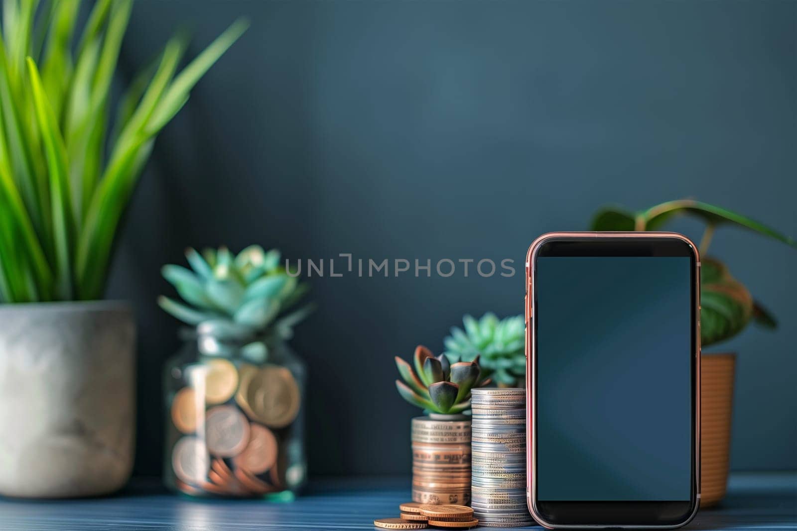 A smartphone, coins, and a plant arranged on a table.
