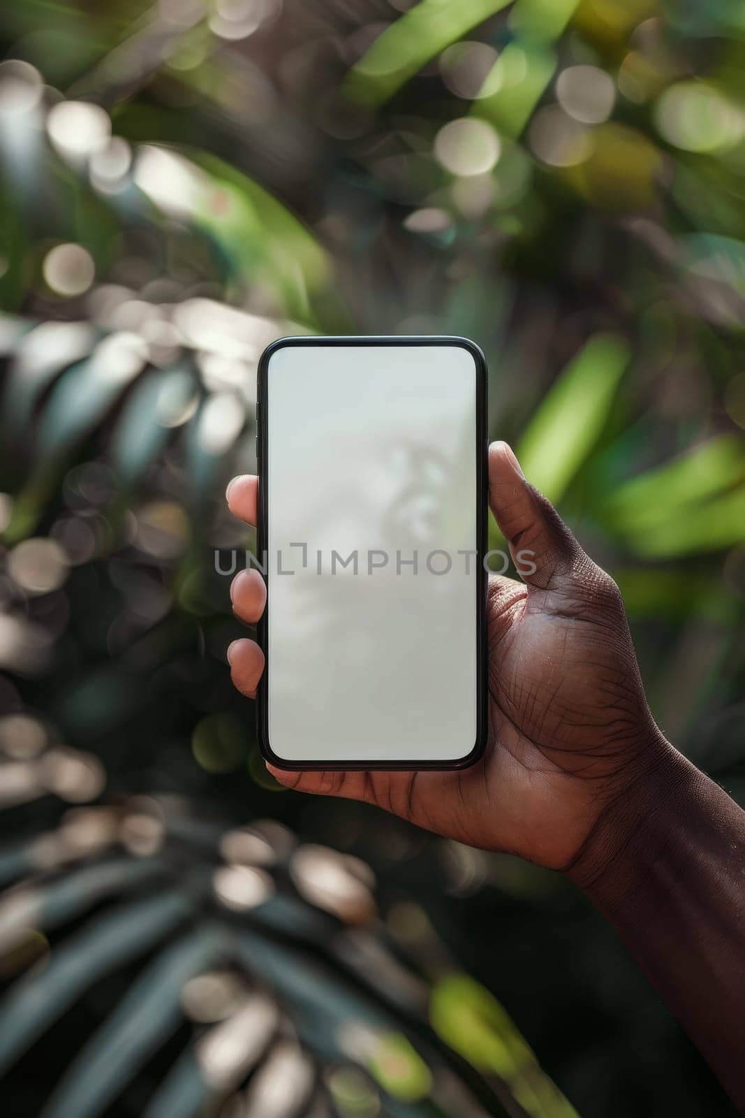 A person is holding a phone with a white screen. The phone is a new model and he is a high-end device