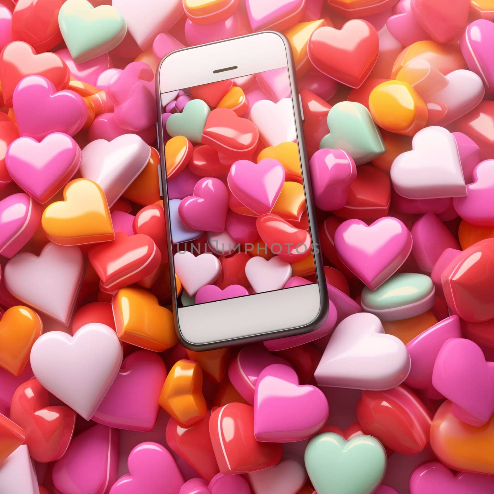 Smartphone screen: 3d render of mobile phone with colorful hearts on white background.