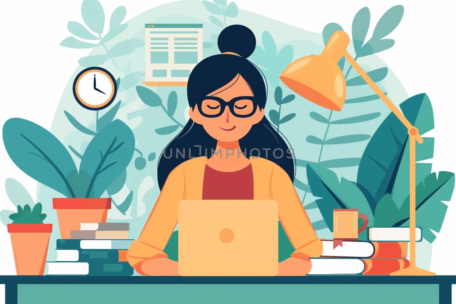 Woman Sitting at Desk With Plants and Laptop by Sd28DimoN_1976