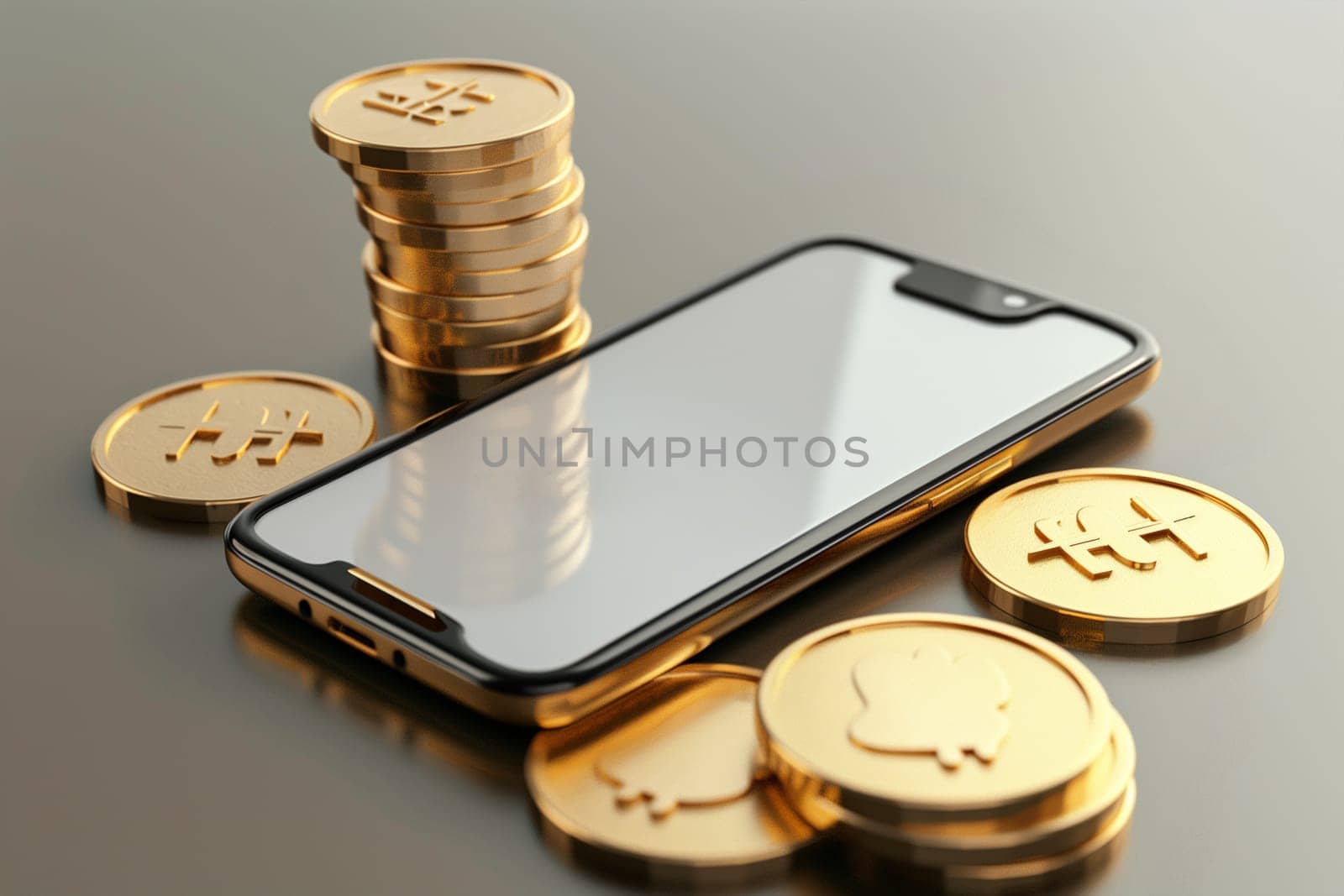 A smartphone lying next to a pile of shining gold coins.