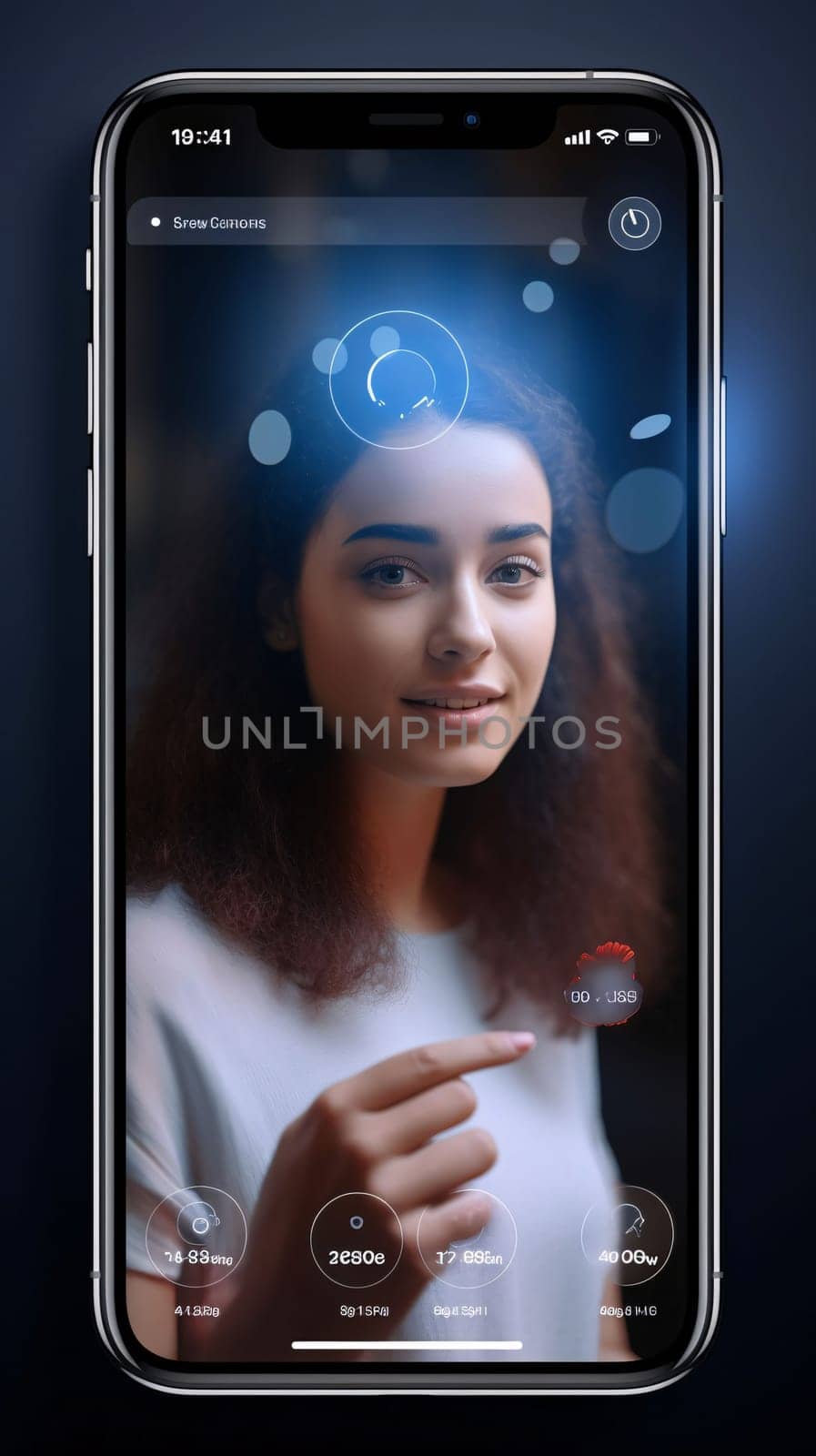 Smartphone screen: Smartphone with application icon on screen. Young woman looking at camera and smiling. Technology concept