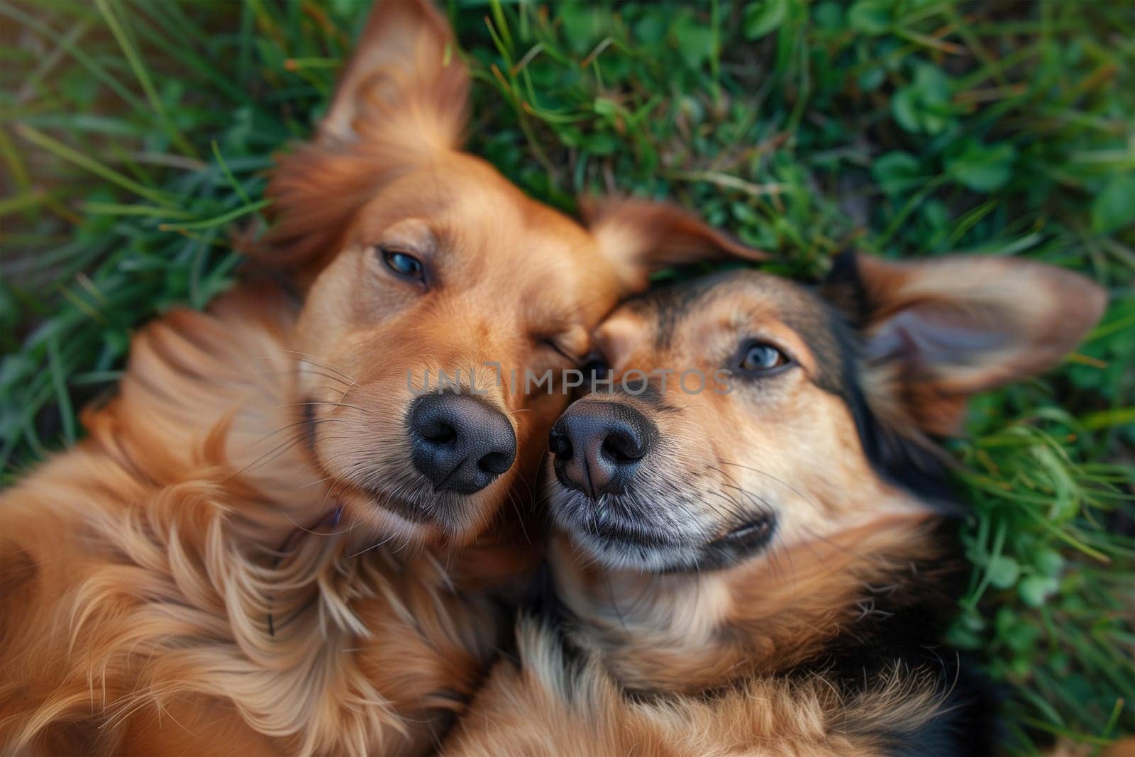 Two dogs cuddling closely, one resting its head on the other, with a backdrop of lush grass.