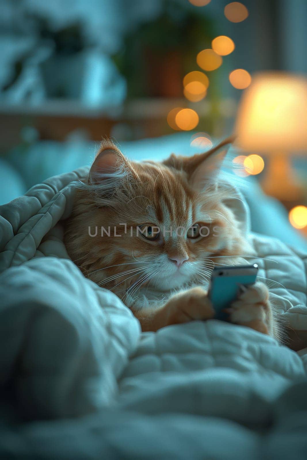 A cat is laying on a bed and looking at a cell phone. The cat appears to be curious about the phone and is possibly trying to figure out what it is. The scene has a playful and lighthearted mood