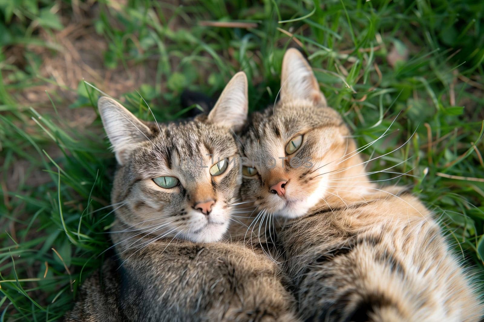 A pair of cuddling cats looks into the camera, capturing a cozy moment on a bed of greenery.