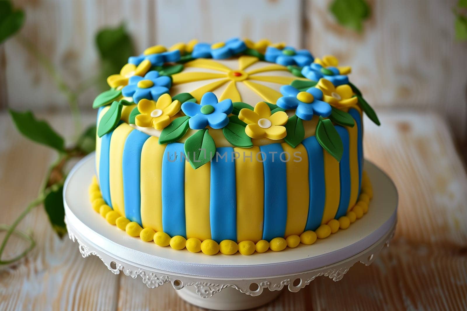 A festive cake decorated with blue and yellow stripes and topped with colorful flowers, perfect for celebrating Swedish National Day.