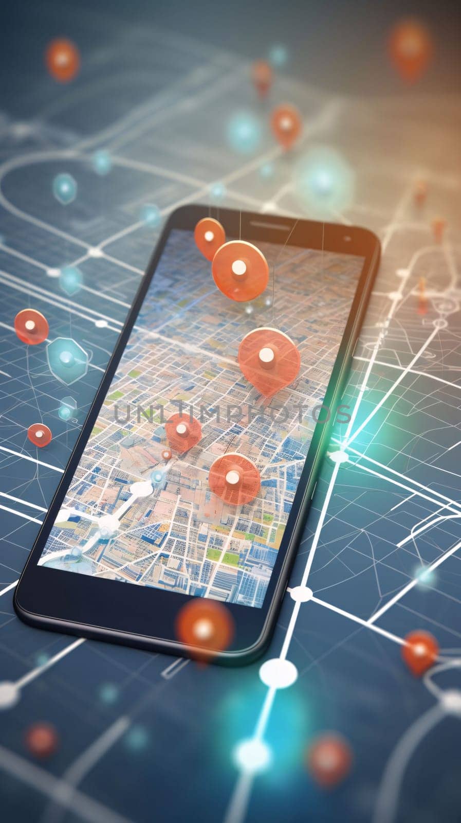 Smartphone with city map on the screen. 3d rendering. by ThemesS