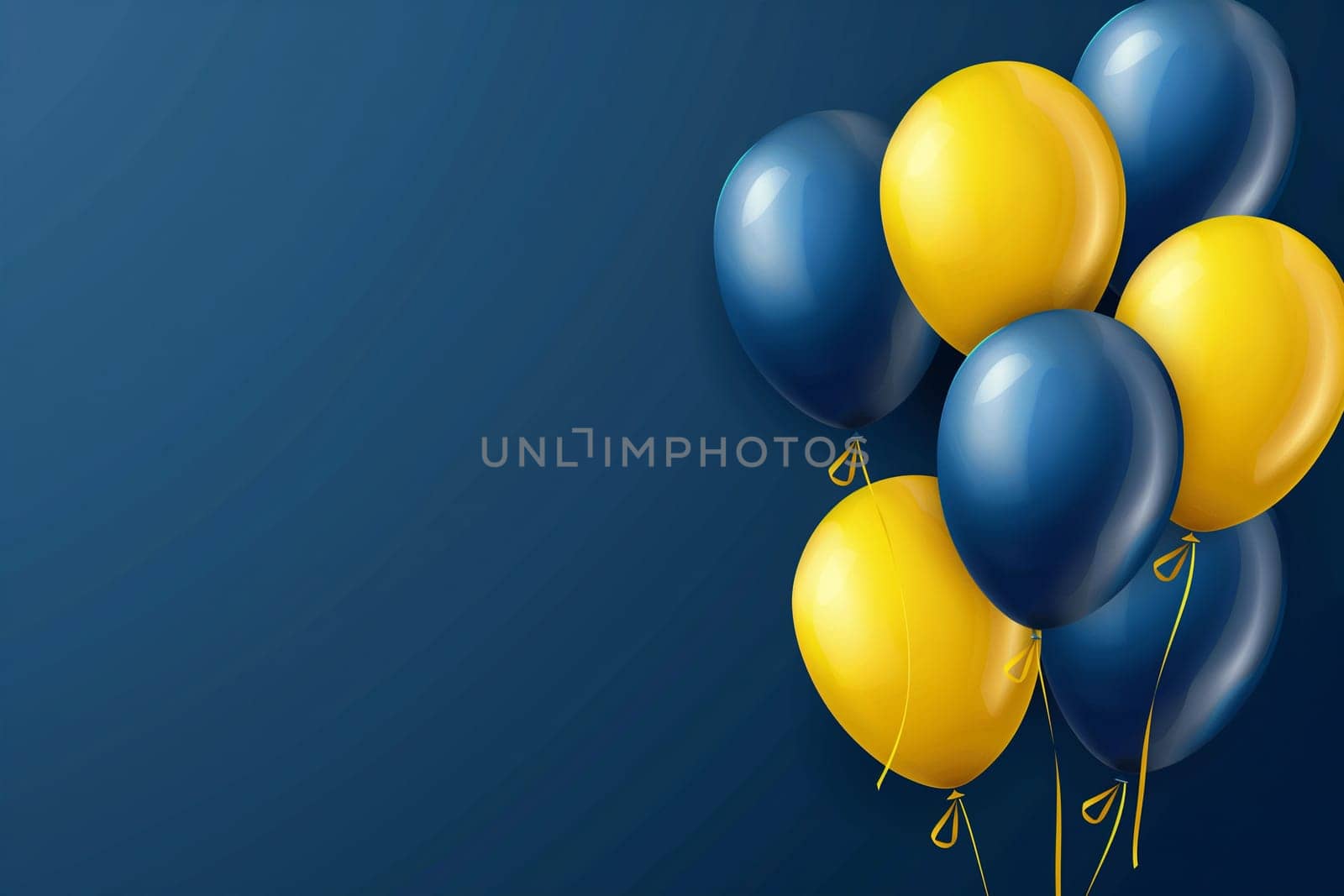 Blue and yellow balloons stand out against a blue background, creating a vibrant and joyful atmosphere.