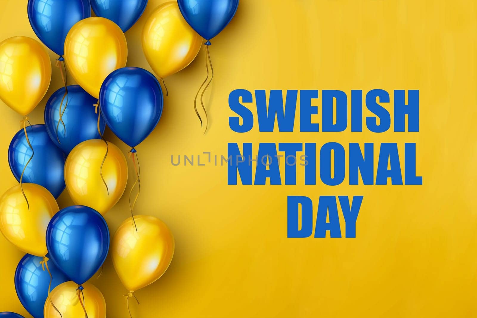 People celebrating Swedish National Day with blue and yellow balloons in a festive atmosphere.