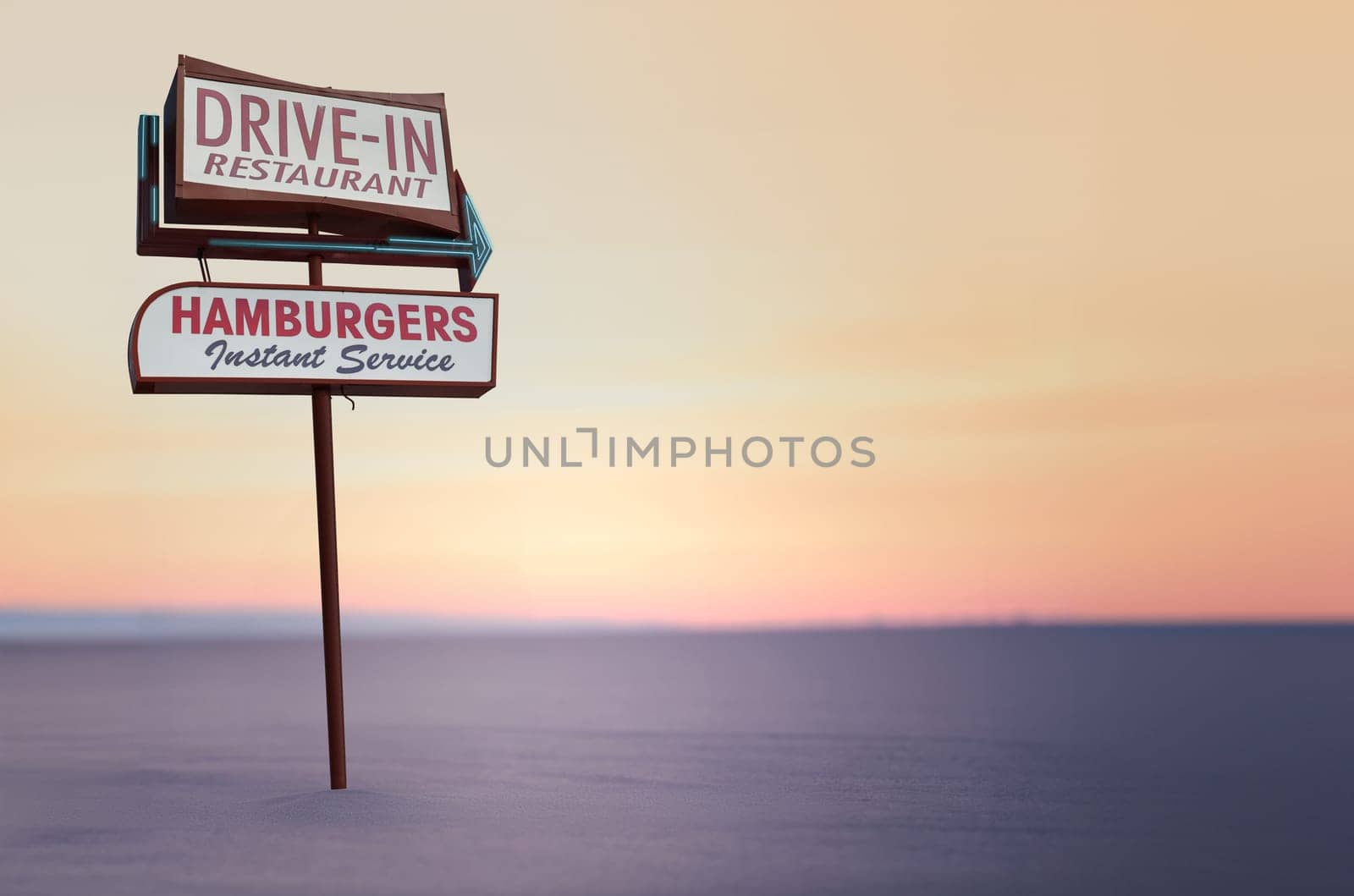 Retro Vintage Sign For A Drive-In Restaurant In The Californian Desert, With Copy Space
